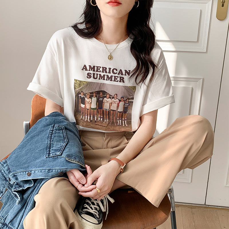 Vintage Print Crew Neck Oversized Loose Half Sleeve TShirt