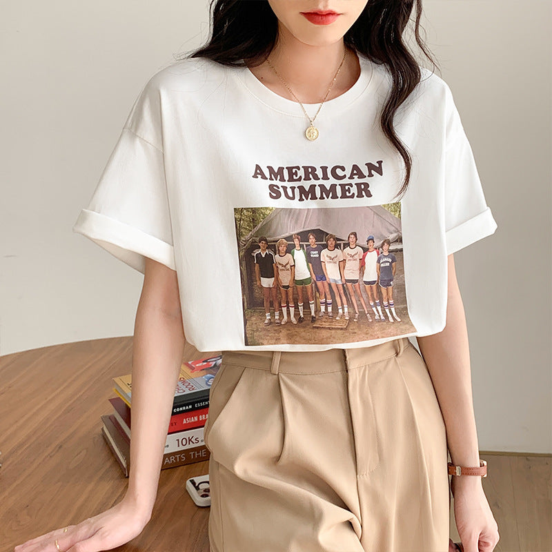 Vintage Print Crew Neck Oversized Loose Half Sleeve TShirt