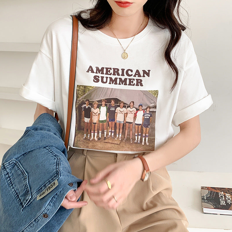 Vintage Print Crew Neck Oversized Loose Half Sleeve TShirt